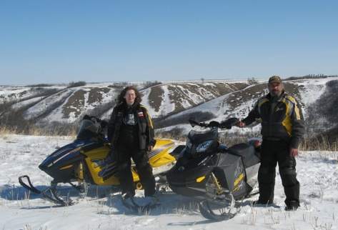 David & LInda Aksomitis snowmobiling in the Qu'Appelle Valley in 2008.