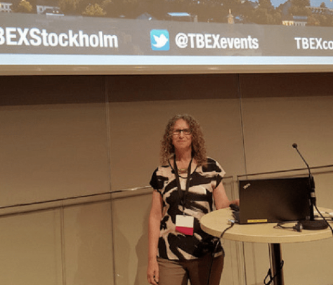Linda Aksomitis presenting a session on ebook publishing at TBEX Stockholm for travel bloggers.